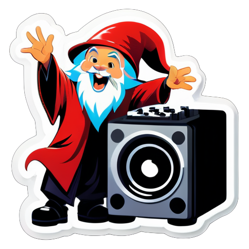 generate a sticker with a wizard climbing on a sound system and singing in a comic style sticker