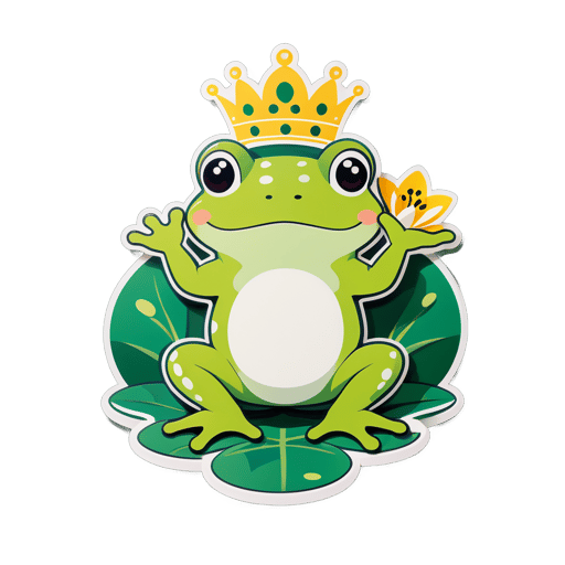 A frog with a lily pad in its left hand and a crown in its right hand sticker