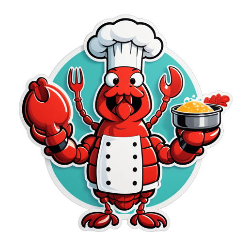 Un homard avec un tablier de chef dans sa main gauche et une marmite dans sa main droite sticker