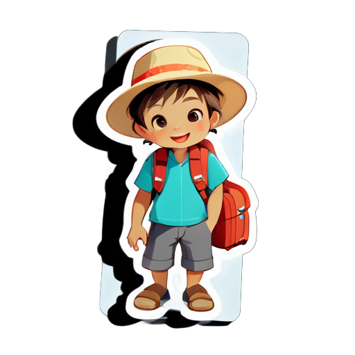 A little boy, wearing a hat and travel clothes, is ready to go on a trip sticker