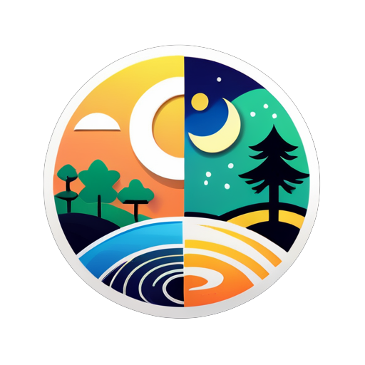 Generar una imagen de logotipo que represente un diseño de Bagua Yin Yang, que incluya elementos como el sol, la luna, árboles, edificios altos y lagos, con un estilo de dibujo muy claro y conciso. sticker