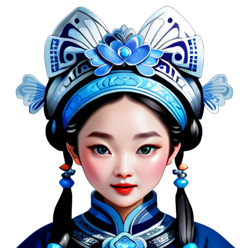 A beautiful Chinese girl wearing an ancient silver hat, holding blue butterflies in her mouth and touching the tip of her nose with one hand, is dressed in the style of Miao people from Guizhou Province's Blang village in China, featuring intricate details, exquisite patterns, and a blue background, creating a fashionable photographic style. --ar 3:4 sticker