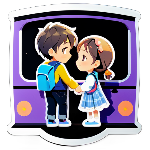 A boy taking hand of a cute girl in a train expressing their love for each other and the place is quite sticker