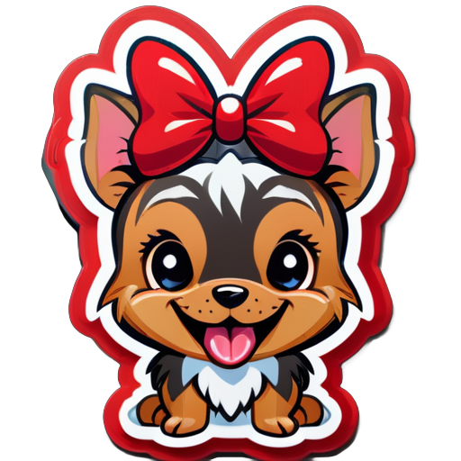 cartoon of a smiling yorkie, has large ears and wearing a red bow on top of head sticker