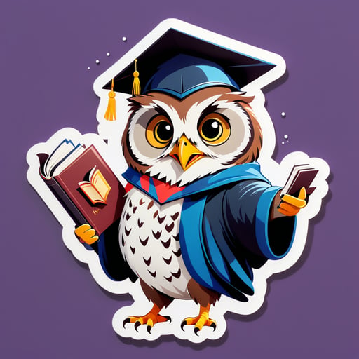 An owl with a book in its left hand and a graduation cap in its right hand sticker