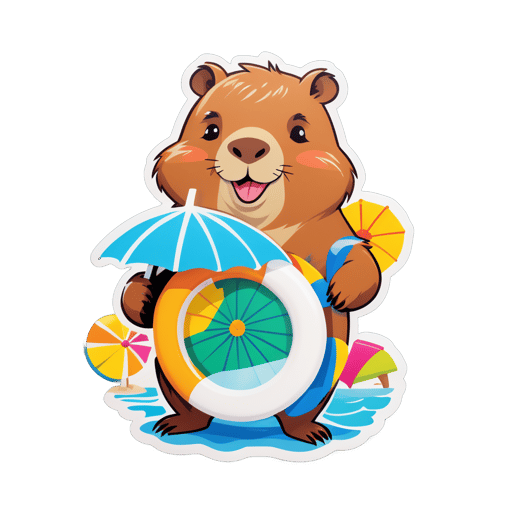 Un capybara avec une bouée dans sa main gauche et un parasol dans sa main droite sticker