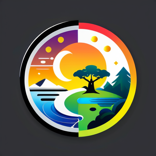 Create a logo image composed of the Yin and Yang Bagua, including elements such as the sun, moon, trees, tall buildings, and lakes, with a very simple and clear style. sticker