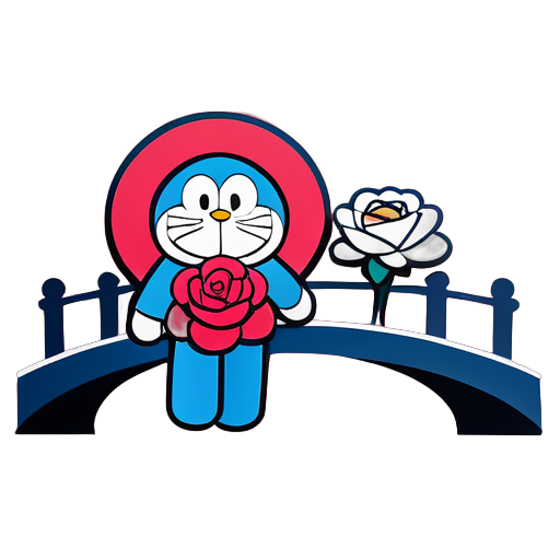 doraemon con rosa y caminando en el puente sticker