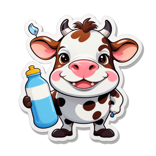 A cow with a bell in its left hand and a milk bottle in its right hand sticker