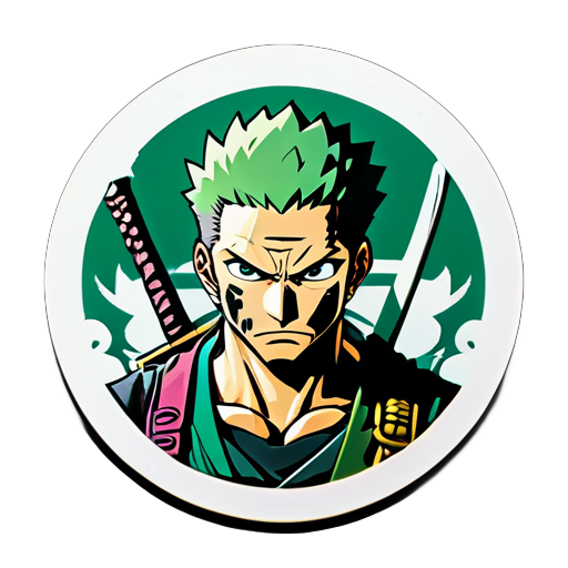 Zoro, olhar feroz e espadas desembainhadas, enfrenta provações de valor, lealdade e força em meio a aventuras épicas por terras perigosas. sticker