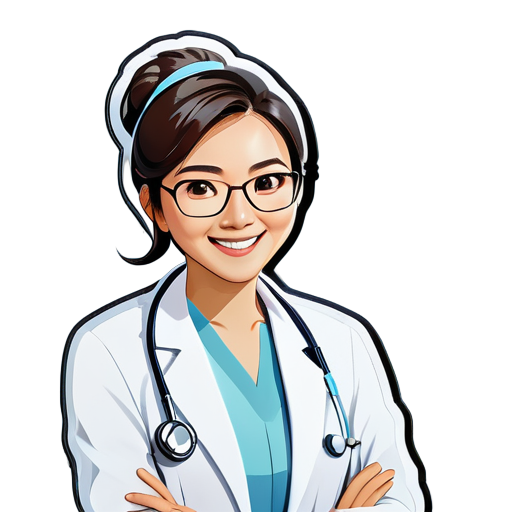 Utiliser une photo professionnelle d'une femme médecin asiatique comme avatar, portant une tenue de médecin formelle ou une blouse blanche, souriante, portant des lunettes, montrant confiance et empathie. Le fond de la photo est de couleur bleu clair. sticker