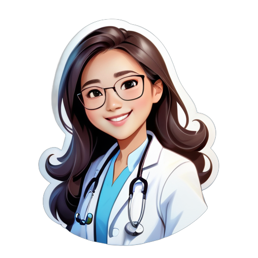 Usar una imagen de caricatura de una médica china como avatar, vistiendo un uniforme de doctor formal o una bata blanca, con una sonrisa en el rostro, cabello largo y ondulado, llevando un estetoscopio alrededor del cuello, con las manos cruzadas sobre el pecho, usando gafas, mostrando confianza y simpatía. El fondo de la imagen es de color azul claro. sticker