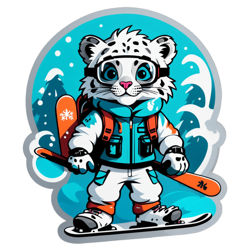 A snow leopard with ski goggles in its left hand and a snowboard in its right hand sticker