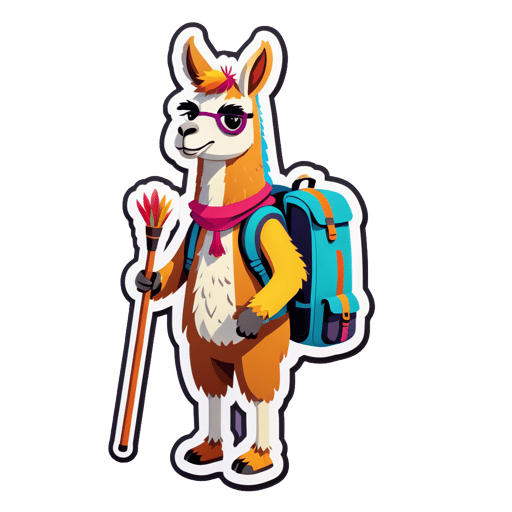 Una llama con una mochila en su mano izquierda y un bastón en su mano derecha sticker