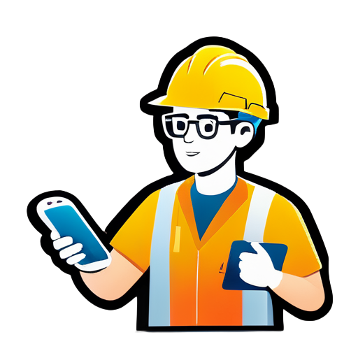 engineer, safety hardhat, using phone, with glasses, asian sticker