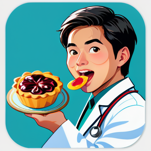 An Asian young doctor eats a Portuguese tarts sticker