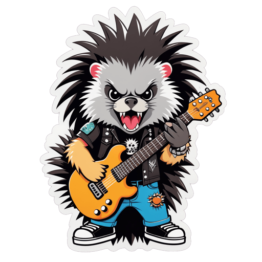 A porcupine with a punk rock guitar in its left hand and a microphone in its right hand sticker