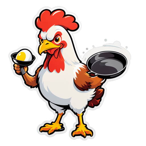 A chicken with an egg in its left hand and a frying pan in its right hand sticker