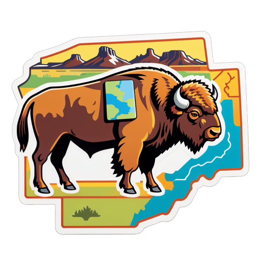 A bison with a Western saddle in its left hand and a map of the prairie in its right hand sticker