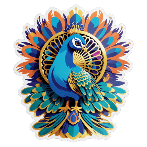 Un pavo real con un abanico de plumas en su mano izquierda y un espejo en su mano derecha sticker