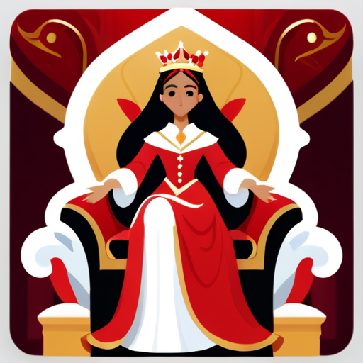 The central figure is a regal woman, seated on a throne, wearing a red robe and a crown. sticker