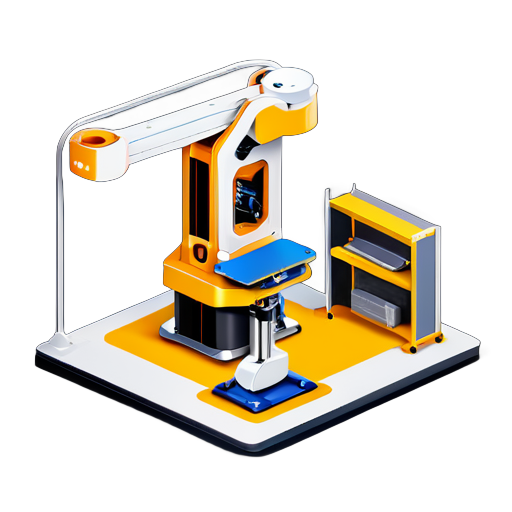 Aplicação do menor robô industrial de 6 eixos da ABB em instituições de ensino técnico e profissional, com suporte de alumínio do tamanho de uma mesa na parte inferior, com o robô industrial de 6 eixos no meio, cercado por módulos de alimentação, empilhamento, montagem, soldagem, entre outros. sticker