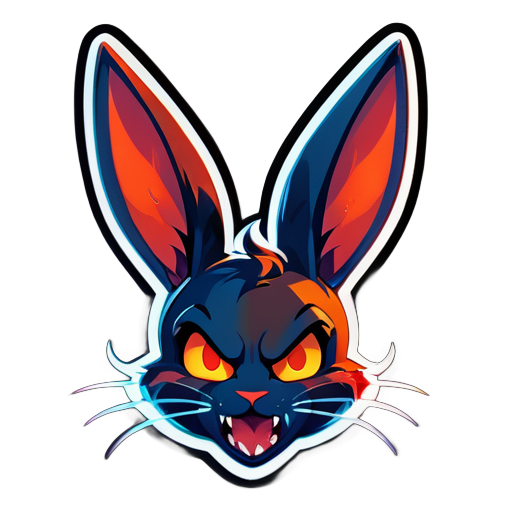 Ears: Long, pointed bunny ears with a devilish twist.
Face: The bunny's face, featuring a mischievous expression, fiery eyes, and a dark sky blueish complexion.
Expression: Playful yet subtly sinister grin.
Background: Flames and fiery effects.
Colors: Dark tones with intense reds and oranges, complemented by the dark sky blueish bunny face. sticker