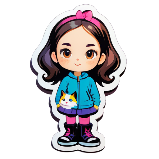 a girl in front of a cat sticker