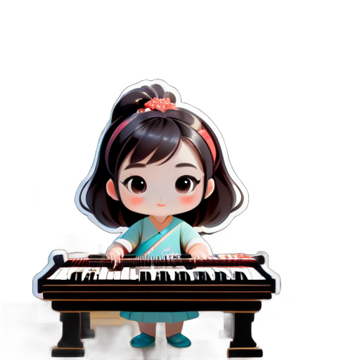 Une jeune fille moderne jouant du guzheng dans une pièce avec une bibliothèque et des livres en arrière-plan, demandant une combinaison de style classique chinois et moderne. sticker