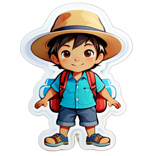 A little boy, wearing a hat and travel clothes, is ready to go on a trip sticker