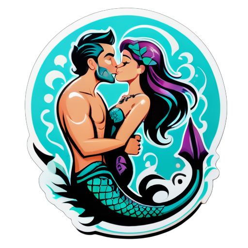 hombre con tatuaje de tridente marino en el estómago besando a una sirena sticker