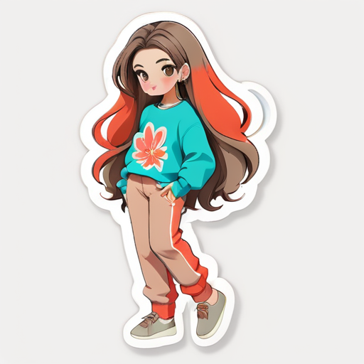 make a sticker with an anime model with Kabul hair, a Coral Reef sweater, Kabul colored pants, and Taupe colored shoes sticker