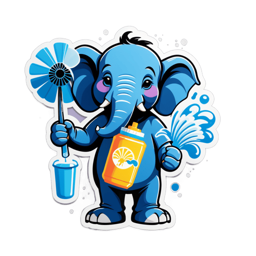 Um elefante com uma garrafa de spray de água em sua mão esquerda e um ventilador em sua mão direita sticker