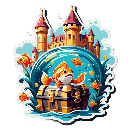 A goldfish with a castle ornament in its left hand and a treasure chest in its right hand sticker