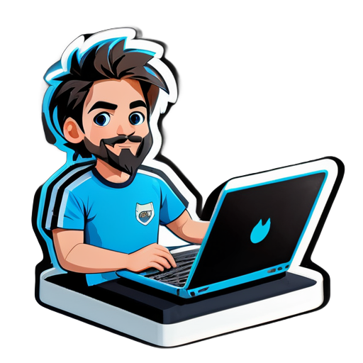 Generator ein Aufkleber von einem Jungen, der an seinem Laptop arbeitet, der Junge hat Messi-Haare und Bart und Schnurrbart, er trägt ein langärmeliges Maya-Blau T-Shirt und Kohleschwarze Jeans. sticker