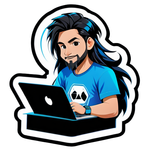 Generador de una pegatina de un chico trabajando en su computadora portátil, el chico tiene el pelo largo al estilo Messi, barba, lleva una camiseta azul maya de manga larga y jeans negros carbón. sticker