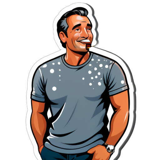 a men with cigar having a grey tshirt with dotted pattern sticker