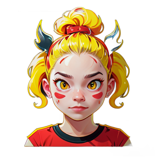  a girl with yellow hair, red cheeks, and a red shirt. She has two black lines on her head that resemble antennae. sticker