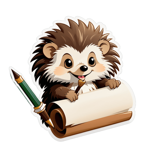 A hedgehog with a quill pen in its left hand and a parchment scroll in its right hand sticker