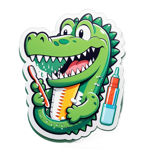 Um crocodilo com uma escova de dentes na mão esquerda e um tubo de pasta de dente na mão direita sticker